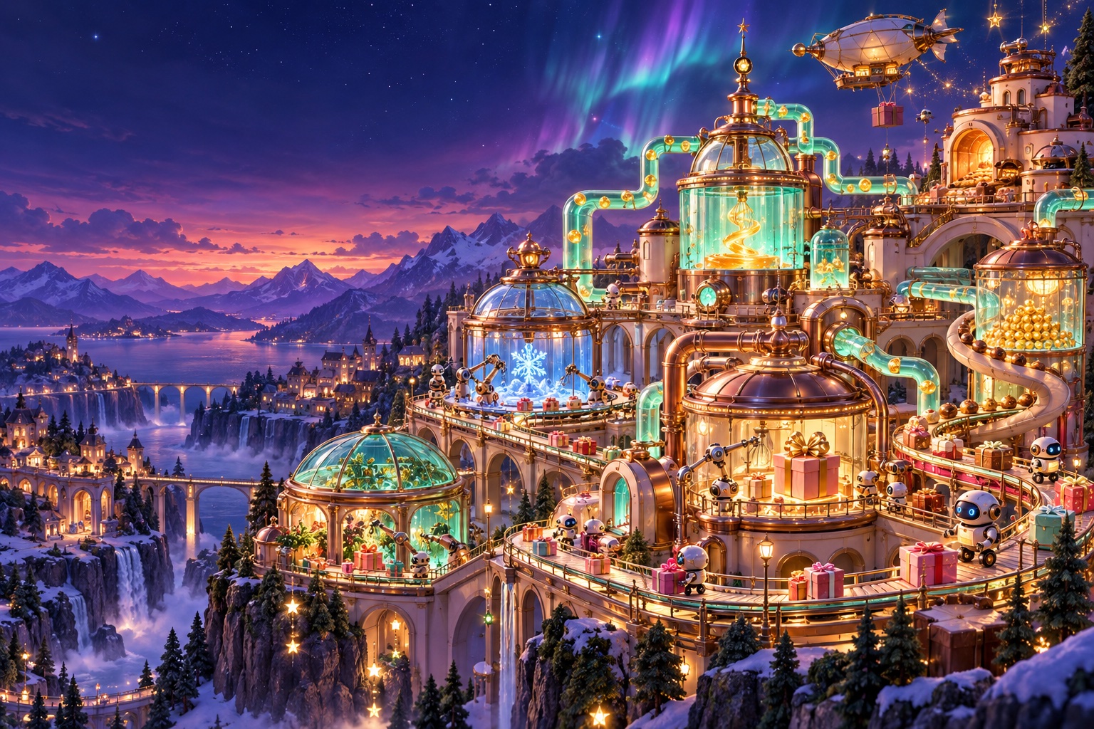 Glowing glass workshops under a colourful aurora